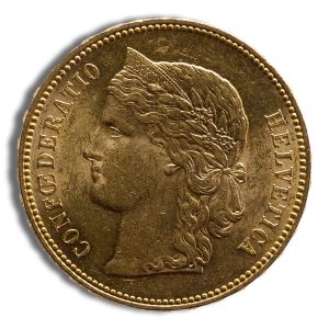Gold coin displaying a left-facing bust of Helvetia with a laurel wreath and ribbon; inscription CONFOEDERATIO HELVETICA around the edge.
