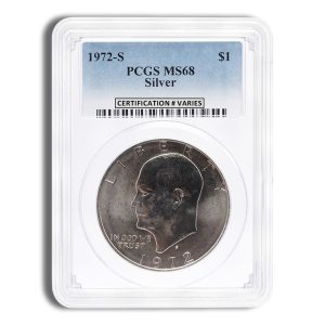 Certified 1972-S silver JFK half dollar in a PCGS slab, grade MS68 (label visible).