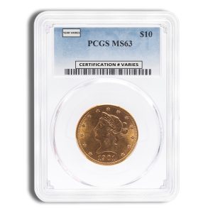 Gold coin encased in a protective slab with a PCGS MS63 label and barcode, year varies, coin shows 1901 date.