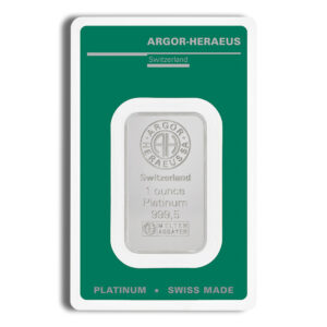 1-ounce platinum bar inside green Argor-Heraeus packaging, stamped Switzerland, 999.5 fine, Swiss made.