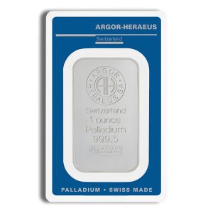 1-ounce Palladium bar by Argor-Heraeus in blue packaging, stamped 'Switzerland 1 ounce Palladium 999.5' (Swiss made)
