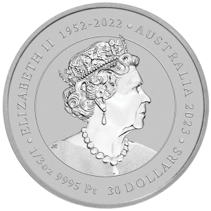 Commemorative Australian 30-dollar platinum coin featuring Queen Elizabeth II in profile with crown and pearl necklace; rim inscriptions read 'ELIZABETH II 1952-2022', 'AUSTRALIA 2023', and '30 DOLLARS'.