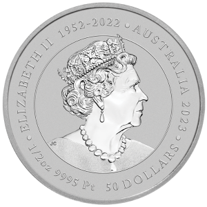 Commemorative Australian coin featuring a right-facing portrait of Queen Elizabeth II wearing a crown and pearl necklace, with inscriptions around the edge indicating years and value.