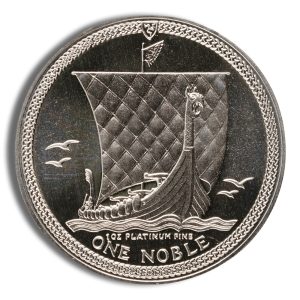 Shiny silver coin featuring a Viking longship with a quilted sail and seagulls, inscription 'ONE NOBLE' and '1 OZ PLATINUM FINE' at the bottom