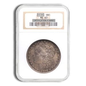 Morgan silver dollar from 1898 in a clear slab holder with a label showing 'Year varies' and 'Certification # varies'
