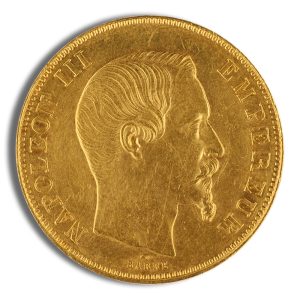 Gold coin showing a right-profile portrait of a man with a mustache and goatee, surrounded by raised inscriptions along the edge.