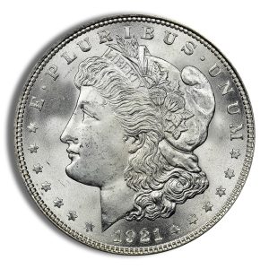 Morgan silver dollar (1921) obverse showing Lady Liberty facing left, with 'LIBERTY' headband, surrounded by 'E PLURIBUS UNUM' and 13 stars around the rim.