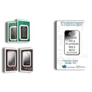 Group of precious metal bars in packaging from Argor-Heraeus and Valcambi, including green and brown display cards with silver ingots