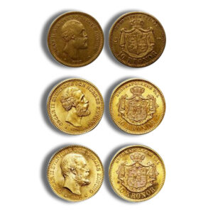 Six gold coins arranged in two columns and three rows; left column shows profile portraits, right column shows coats of arms on reverses.