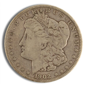 Bust of Liberty facing left on a 1902 Morgan silver dollar, with 'LIBERTY' on the headband and a starry edge around the rim