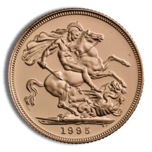 Gold coin showing St. George on a rearing horse slaying a dragon, year 1995