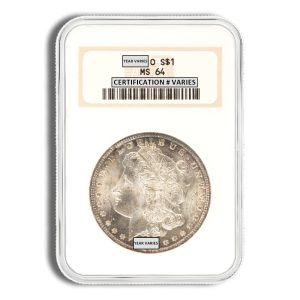 Silver dollar coin in a protective slab with a sticker showing 'Year varies' and 'Certification # varies' above the coin and Liberty portrait on the obverse.