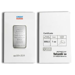 Credit Suisse palladium bullion bar (1 oz, fineness 999.5) with its certificate on white cards.