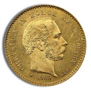 Gold Danish coin with a right-facing bust of King Christian IX, inscribed around the edge and dated 1900.