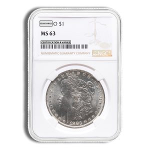 1883 Morgan silver dollar in a protective slab with MS63 grade and barcode; obverse portrait of Liberty visible inside holder