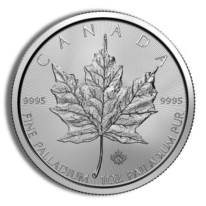 Canada palladium coin featuring a detailed maple leaf, 1 oz Palladium, 9995 fine, with Canadian maple leaf design and radiating lines in background