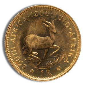 South African 1 Rand coin (1966) featuring a springbok antelope on the reverse side with the text 'SOUTH AFRICA 1966' around the edge.
