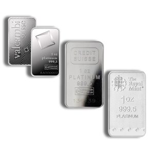 Array of 1 oz platinum bars from Credit Suisse and The Royal Mint on a white background.