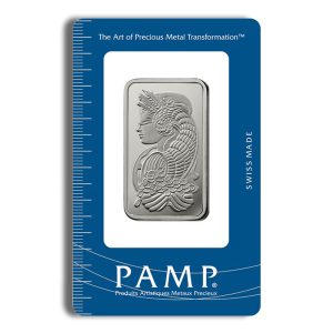 Blue presentation card featuring a silver ingot with a seahorse design, framed by a white window; card reads 'The Art of Precious Metal Transformation' and 'PAMP' at the bottom.