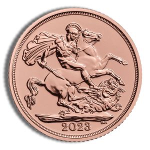 Copper coin showing a knight on a rearing horse slaying a dragon, year 2023.