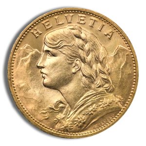 Gold coin showing a left-profile bust of Helvetia with mountains in the background and the word 'HELVETIA' along the rim; intricate edge detail visible.