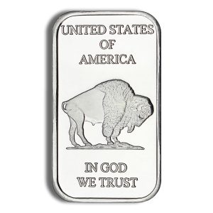 Engraved metal plaque showing a bison with the text 'United States of America' and 'In God We Trust' below.